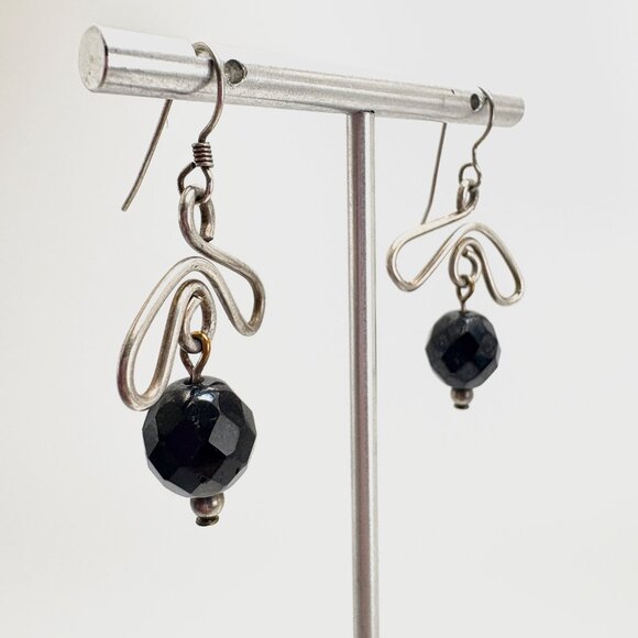 VTG Sterling Silver 925 Black Bead Freeform Dangle Earrings Size 1.5" Length - Picture 3 of 8